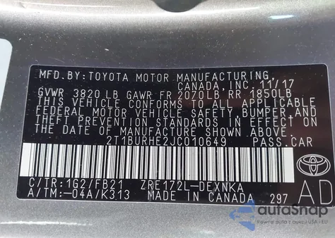 2018 Toyota Corolla Le from USA, damaged, VIN 2T1BURHE2JC010649